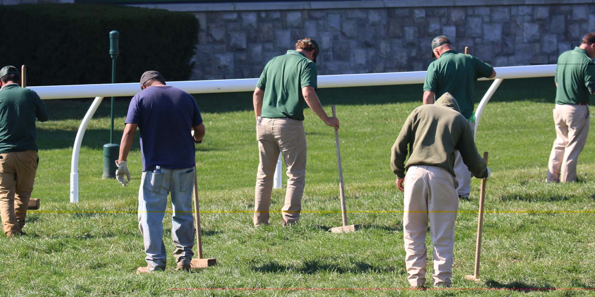 An action shot of Galloprush team members tamping down turf divots.